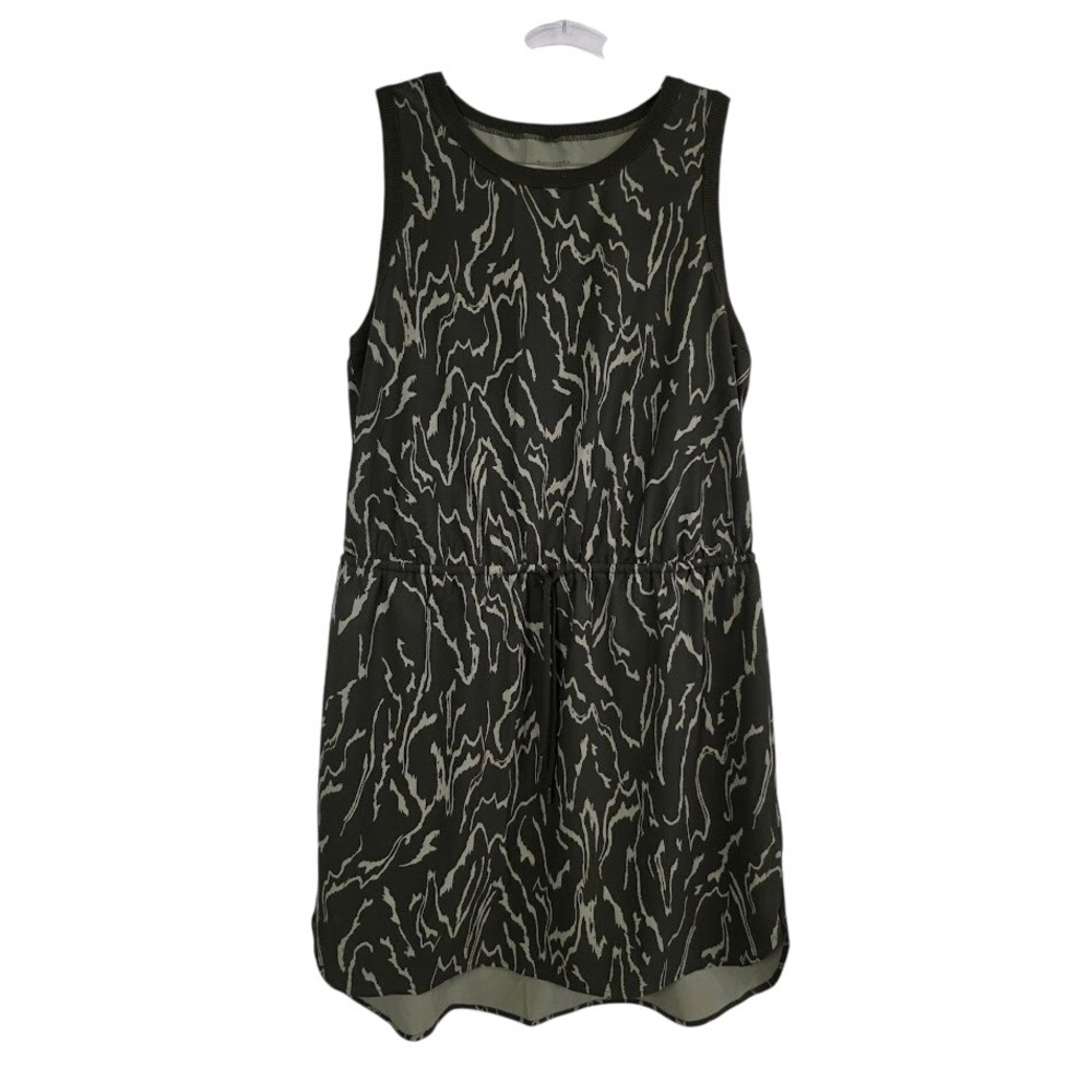Athleta Sz Large Petite Rincon Printed Dress‎ Green Wood Grain Stripe Sleeveless